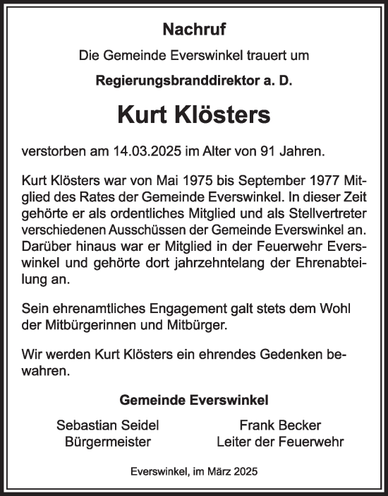 Traueranzeige von Kurt Klösters von Die Glocke
