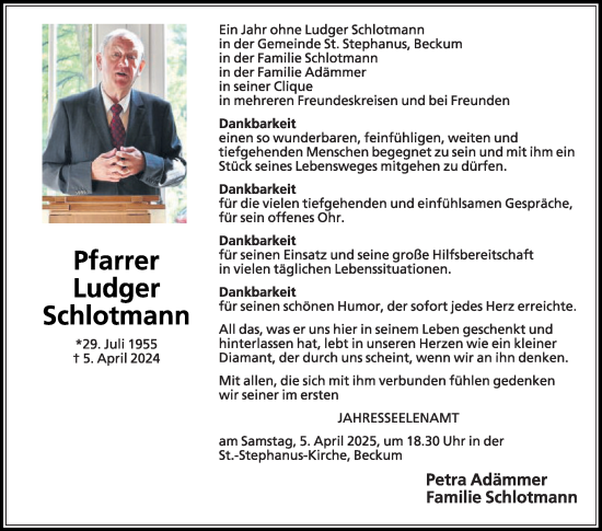 Traueranzeige von Ludger Schlotmann von Die Glocke
