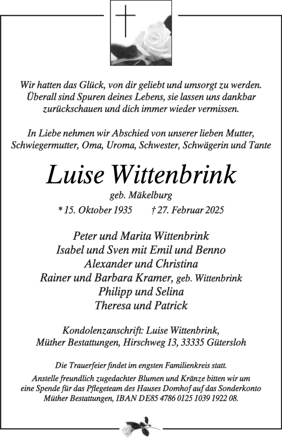 Traueranzeige von Luise Wittenbrink von Die Glocke