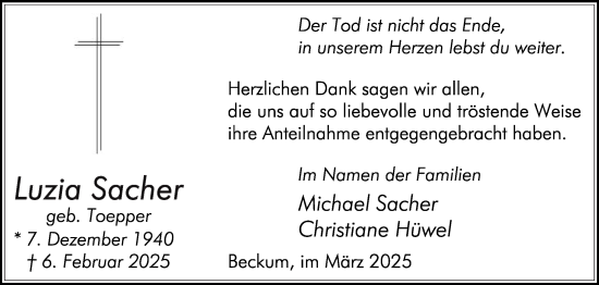 Traueranzeige von Luzia Sacher von Die Glocke