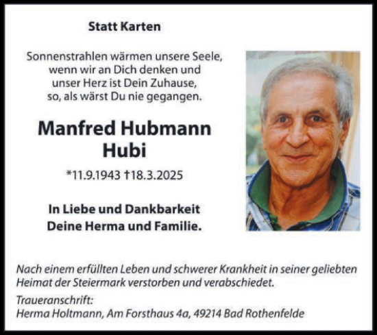 Traueranzeige von Manfred Hubmann von Die Glocke