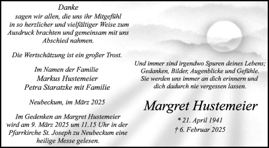 Traueranzeige von Margret Hustemeier von Die Glocke