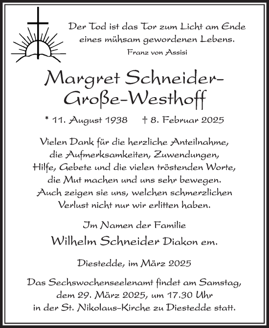 Traueranzeige von Margret Schneider-Große-Westhoff  von Die Glocke