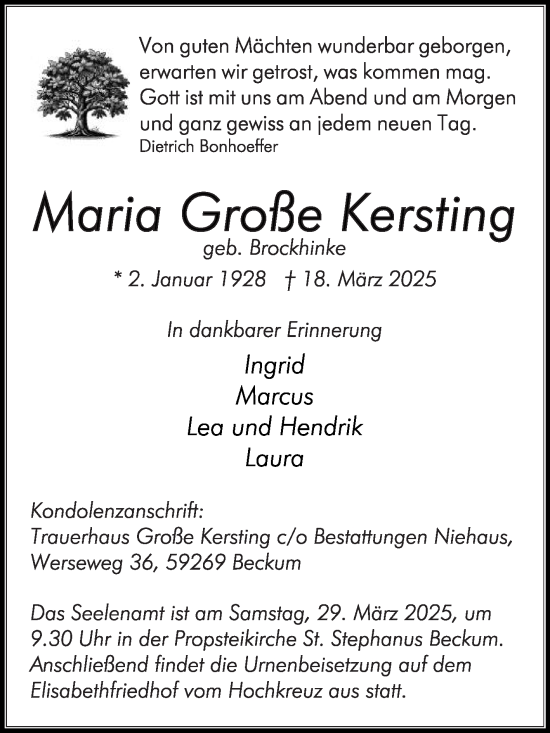 Traueranzeige von Maria Große Kersting von Die Glocke