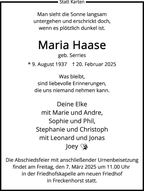Traueranzeige von Maria Haase von Die Glocke