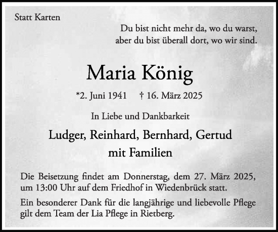 Traueranzeige von Maria König von Die Glocke