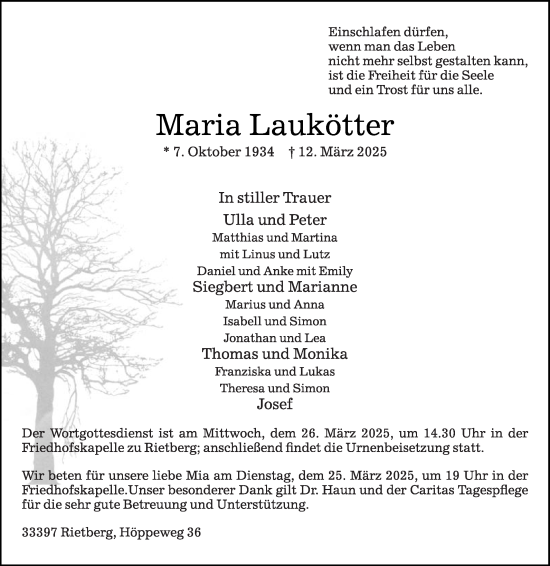 Traueranzeige von Maria Laukötter von Die Glocke