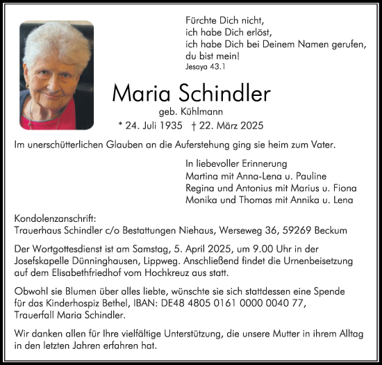 Traueranzeige von Maria Schindler von Die Glocke