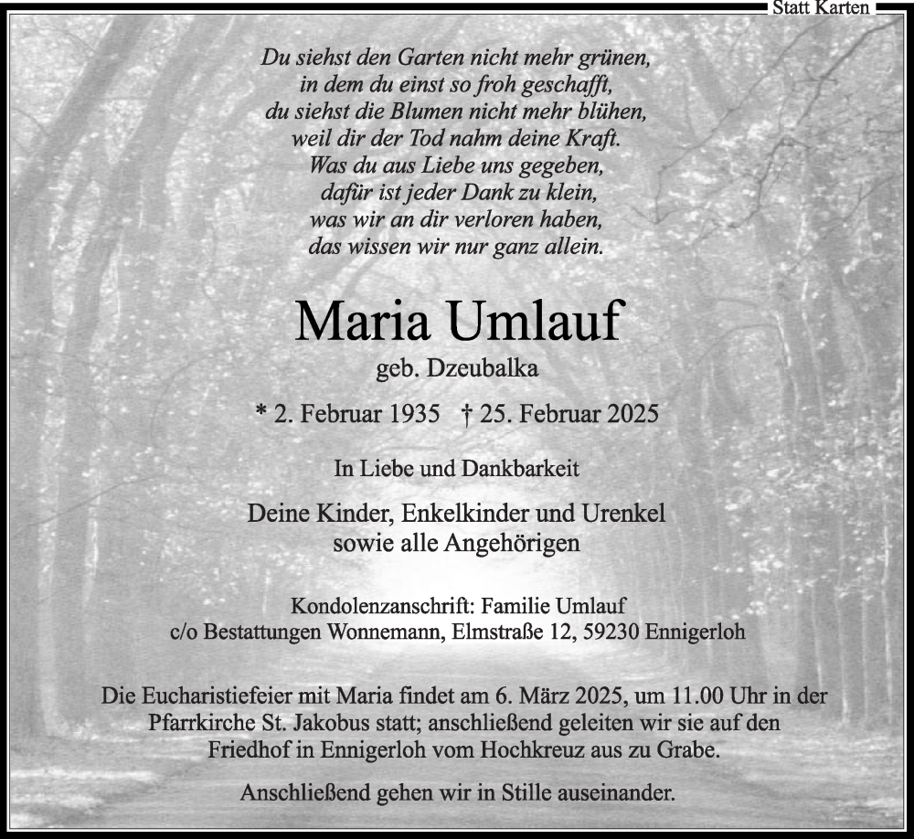  Traueranzeige für Maria Umlauf vom 01.03.2025 aus Die Glocke