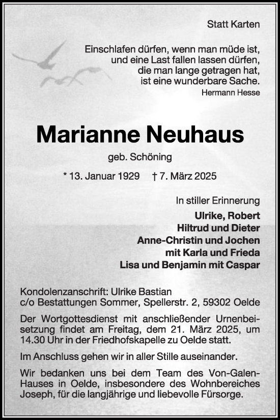 Traueranzeige von Marianne Neuhaus von Die Glocke