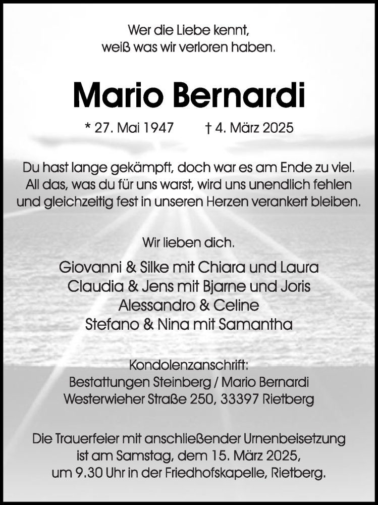  Traueranzeige für Mario Bernardi vom 08.03.2025 aus Die Glocke