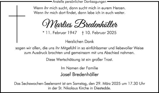 Traueranzeige von Marlies Bredenhöller von Die Glocke