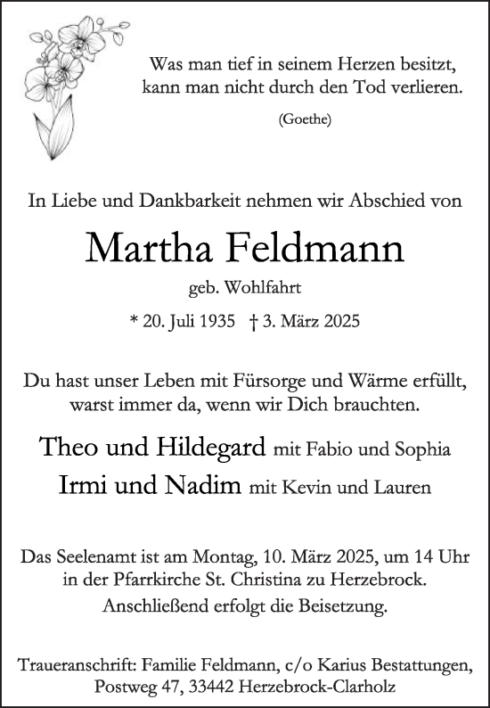 Traueranzeige von Martha Feldmann von Die Glocke