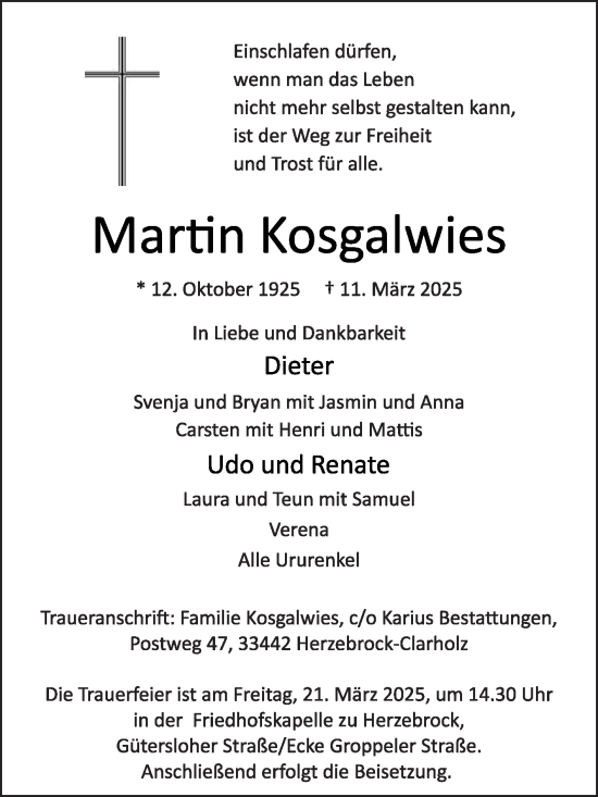 Traueranzeige von Martin Kosgalwies von Die Glocke