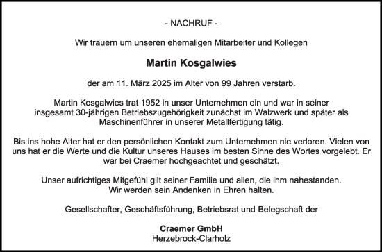 Traueranzeige von Martin Kosgalwies von Die Glocke