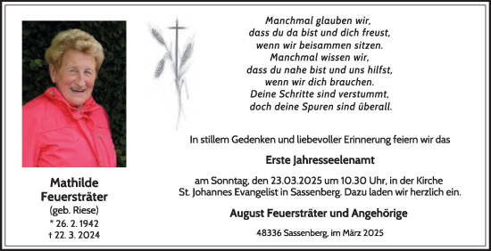 Traueranzeige von Mathilde Feuersträter von Die Glocke