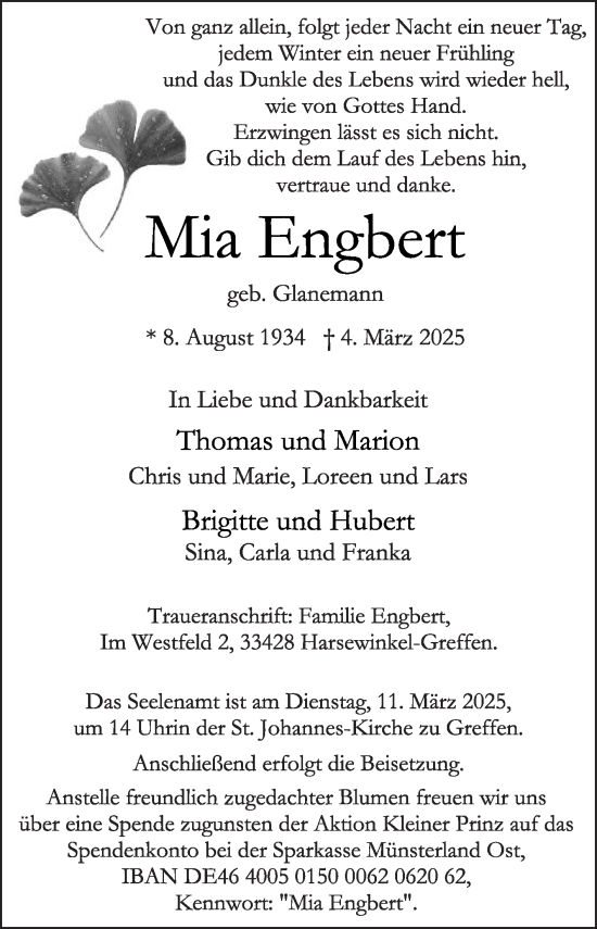 Traueranzeige von Mia Engbert von Die Glocke