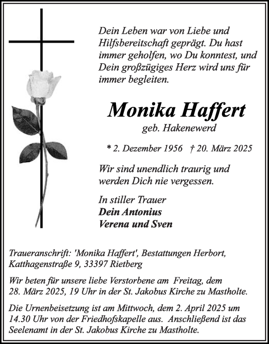 Traueranzeige von Monika Haffert von Die Glocke