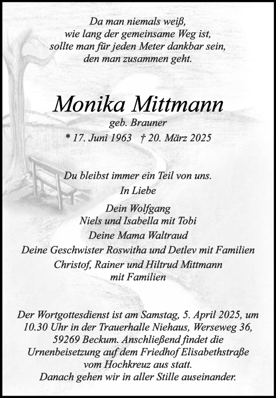 Traueranzeige von Monika Mittmann von Die Glocke