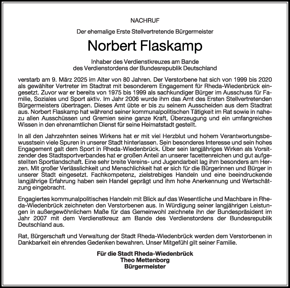 Traueranzeige für Norbert Flaskamp vom 15.03.2025 aus Die Glocke