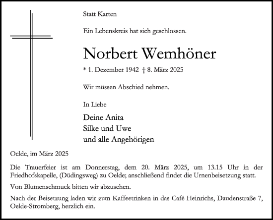Traueranzeige von Norbert Wemhöner von Die Glocke