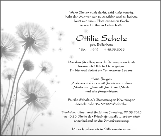 Traueranzeige von Otilie Scholz von Die Glocke