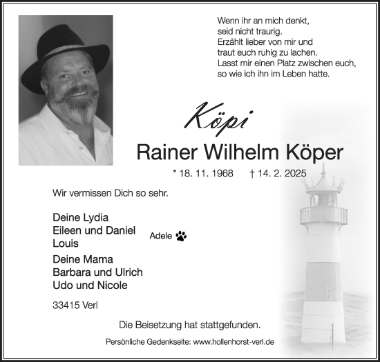 Traueranzeige von Rainer Wilhelm Köper von Die Glocke