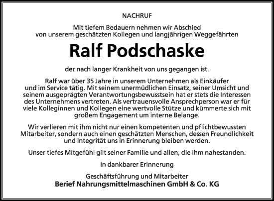 Traueranzeige von Ralf Podschaske von Die Glocke