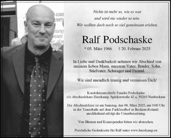 Traueranzeige von Ralf Podschaske von Die Glocke
