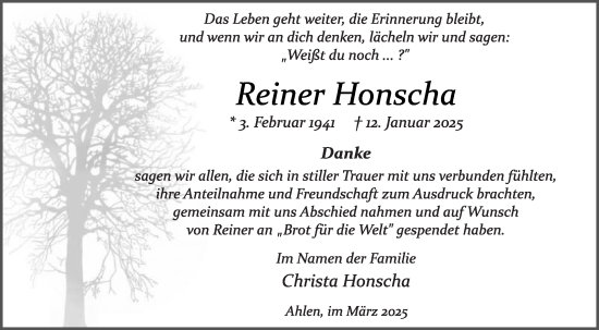 Traueranzeige von Reiner Honscha von Die Glocke