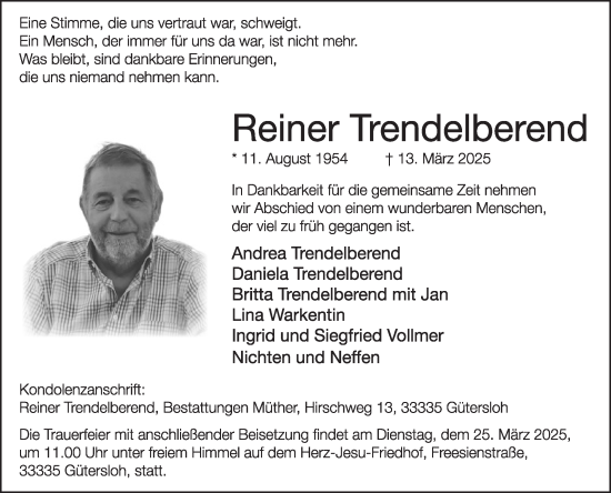 Traueranzeige von Reiner Trendelberend von Die Glocke