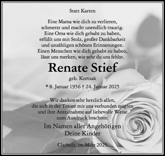 Traueranzeige von Renate Stief von Die Glocke
