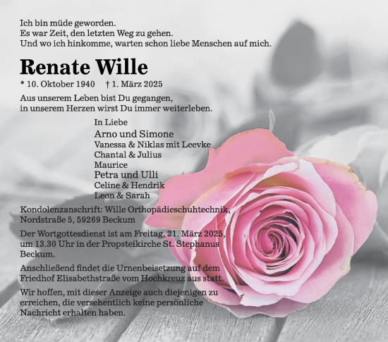 Traueranzeige von Renate Wille von Die Glocke