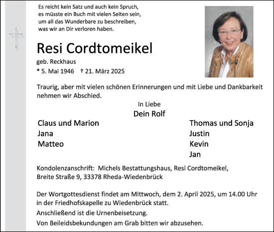 Traueranzeige von Resi Cordtomeikel von Die Glocke