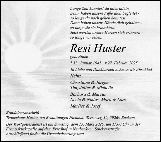 Traueranzeige von Resi Huster von Die Glocke