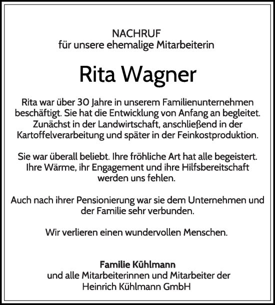 Traueranzeige von Rita Wagner von Die Glocke