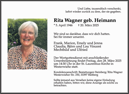 Traueranzeige von Rita Wagner von Die Glocke