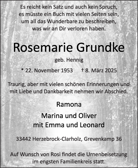 Traueranzeige von Rosemarie Grundke von Die Glocke