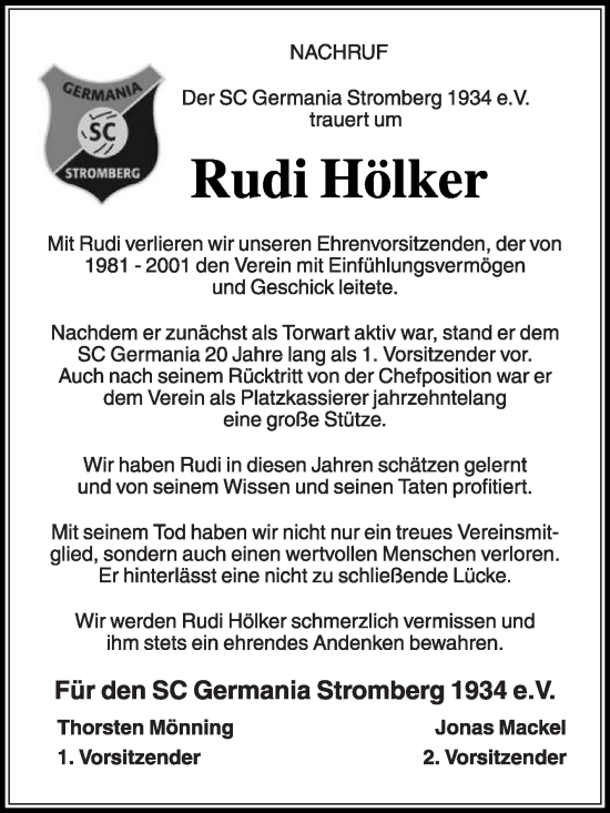 Traueranzeige von Rudi Hölker von Die Glocke