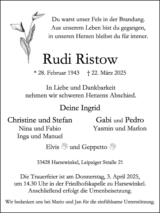 Traueranzeige von Rudi Ristow von Die Glocke