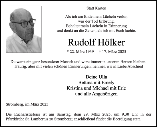 Traueranzeige von Rudolf Hölker von Die Glocke