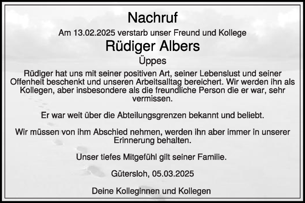  Traueranzeige für Rüdiger Albers vom 08.03.2025 aus Die Glocke
