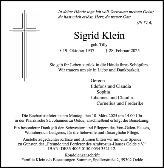 Traueranzeige von Sigrid Klein von Die Glocke