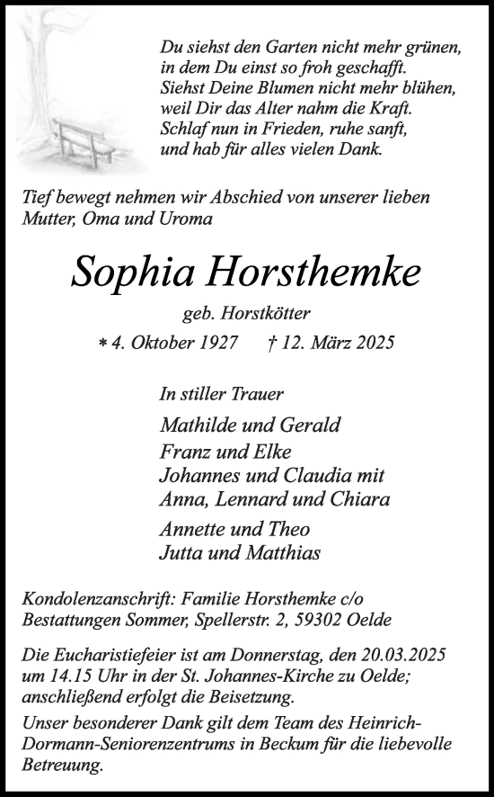 Traueranzeige von Sophia Horsthemke von Die Glocke