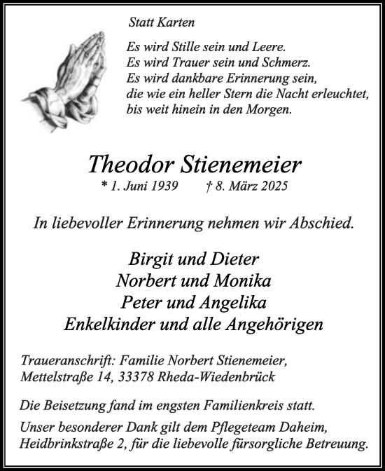 Traueranzeige von Theodor Stienemeier von Die Glocke
