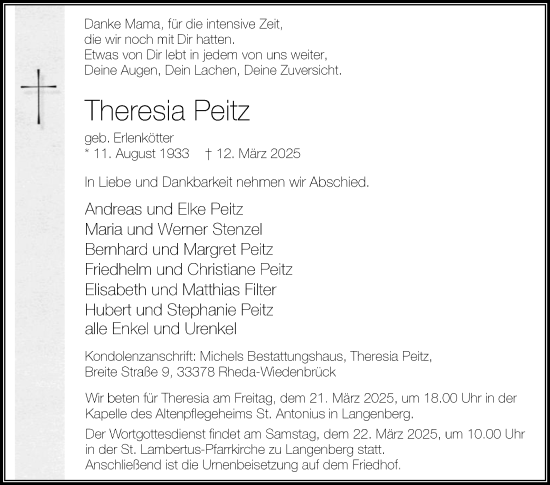 Traueranzeige von Theresia Peitz von Die Glocke