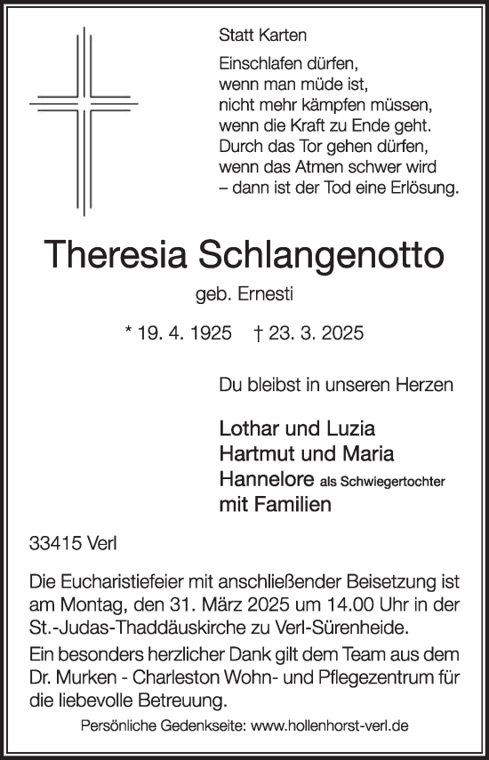 Traueranzeige von Theresia Schlangenotto von Die Glocke