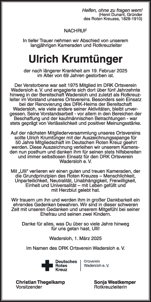 Traueranzeige von Ulrich Krumtünger von Die Glocke