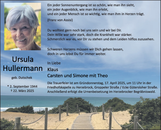 Traueranzeige von Ursula Hullermann von Die Glocke