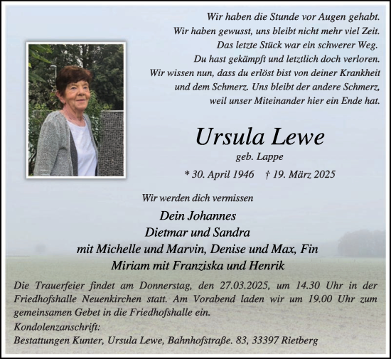Traueranzeige von Ursula Lewe von Die Glocke